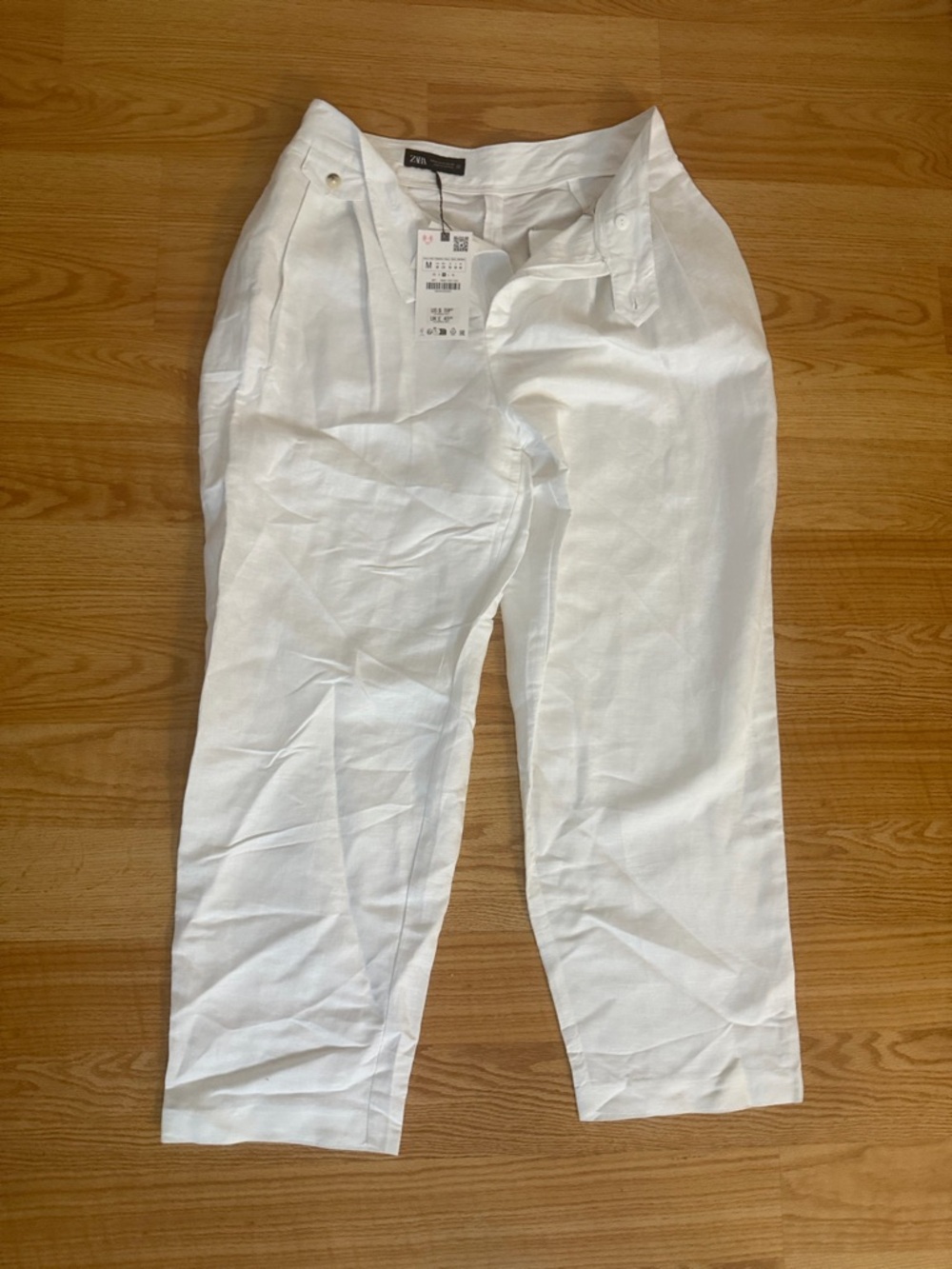 Zara White Linen-Blend Pleated Women's Chinos